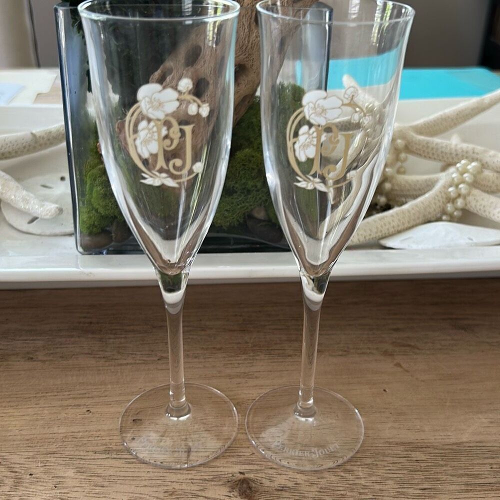 2 Perrier Jouet signature champagne flutes glasses with floral design set of two